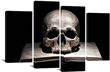 iLOOKLiKE Leinwandbild, Motiv: Totenkopf auf Buch, cooles Skelettbild, Poster, Schwarz-Weiß, Wanddekoration, modernes Vintage-Kunstwerk, gespannt und gerahmt, Posterbild für Wohnzimmer, Schlafzimmer,