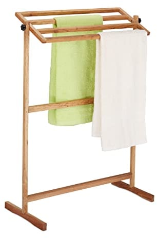 Relaxdays Handtuchhalter stehend, Badetuchhalter mit 4 Stangen, HBT: 98 x 66 x 31 cm, Handtuchständer Walnussholz, Natur
