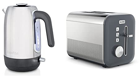 Breville Edge Electric Kettle | 1.7 Litre | Still Hot Illumination | 3kW Fast Boil [VKT192] & High Gloss 2-Slice Toaster with High-Lift & Wide Slots | Grey & Stainless Steel [VTT968]