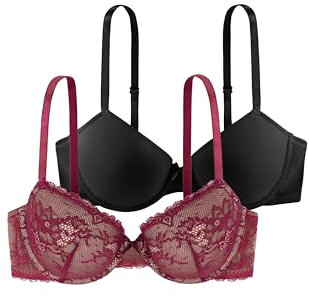 Dorina Damen Chloe 2er-Pack Demi-BH Set – Leicht Gepolsterte Bügel-BHS mit Floraler Spitze und Weichem Mikrogewebe, Verstellbare Träger, Schwarz und Rosa