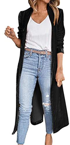 Cappotto casual da donna in velluto allentato elastico cappotto lungo cappotto casual lungo cappotto cardigan tasca cappotto tinta unita cardigan spolverini da donna nero, Nero , XL