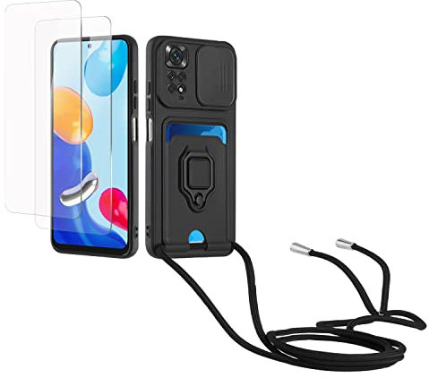 Kaslly Cordon de Coque Compatible avec Redmi Note 11 4G/Note 11S(6.43'')+[2 Pièces Verre Trempé],Couvercle Coulissant de la Caméra+Support Annulaire à 360 Degrés,Fentes pour Cartes Silicone Case-Noir