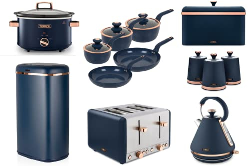 Tower Cavaletto Midnight Blue & Rose Gold Pyramid Kettle, 4 Slice Toaster, 3.5L Slow Cooker, Bread Bin, Set of 3 Canisters, 5 Piece Cookware Set & Sensor Bin. Contemporary Matching Kitchen Set