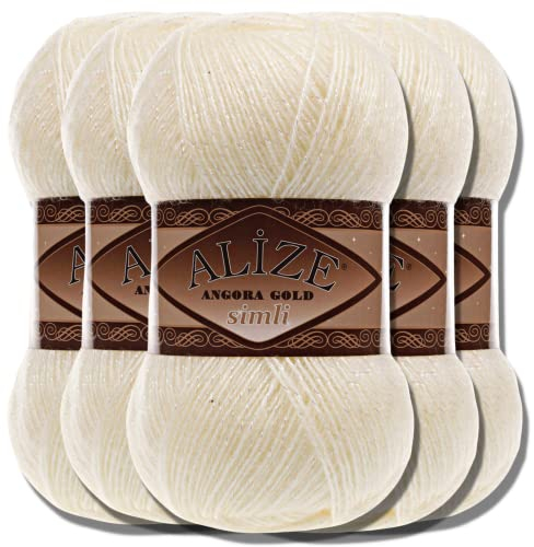Hobby YARN Alize 5x 100 g Angora Gold Simli Türkische Premium Wolle Mohair aus Schurwolle mit Glitzereffekt Babywolle als Strickgarn Handstrickgarn Angorawolle Uni Yarn (Candle Light | 67)