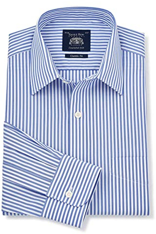 THE SAVILE ROW COMPANY LONDON Men's Classic Fit Cotton Poplin Long Sleeve Formal Dress Shirt - Single Cuff - Blue Striped - 19 Collar - Standard