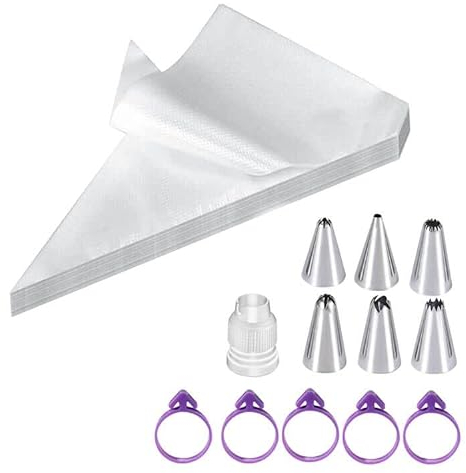 LUOHONG 150 sacchetti usa e getta, sac à poche usa e getta, 6 beccucci, 1 frizione per beccucci, 5 anelli in gomma, accessori da forno, decorazione per cupcakes