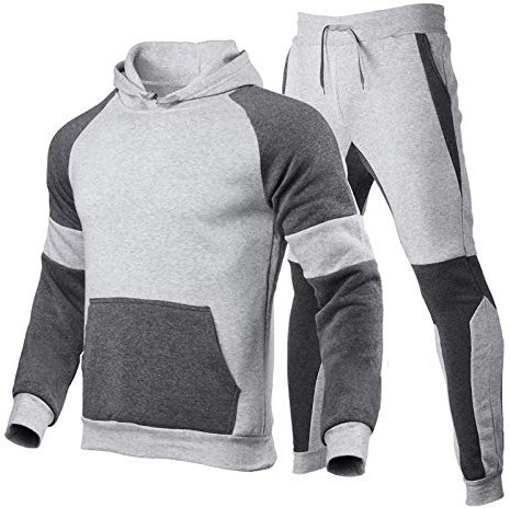 QWUVEDS Inverno moda uomo sport patchwork con una felpa con cappuccio in pile pantaloni tuta uomo, grigio., S