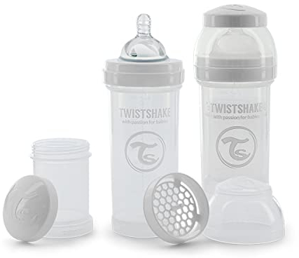 Twistshake 2x Anti-Kolik Babyflasche mit Milchpulverbehälter und Mixer - 260 ml | Silikon-Brustwarze mit mittlerem Durchfluss | BPA-freie Babymilchflasche | Geeignet für Babys ab 2 Monaten | Weiß