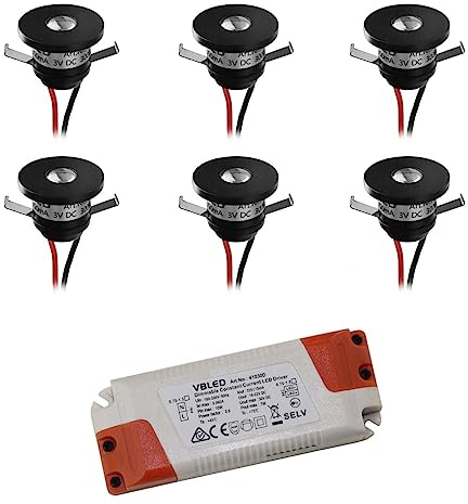VBLED® 6er-Set 1W LED Mini Einbauspot Einbaustrahler Schwarz 350mA 3VDC 80lm 3000K mit dimmbaren Netzteil