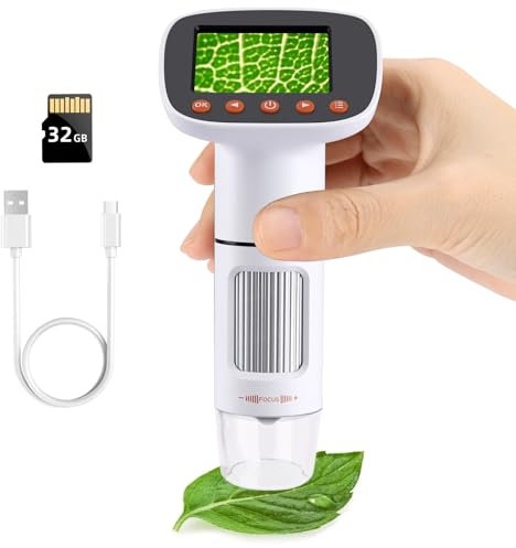 Koolertron Handheld Digital Microscope, 50x-1000x Zoom, 2 LCD, 8 LED Lights, White, Metal, USB Rechargeable