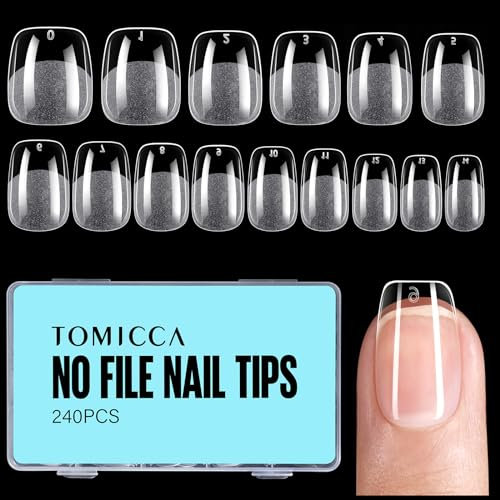 TOMICCA Soft Gel Nail Tips, 240PCS Clear Half Matte, Full Cover No File Nail Tips Traceless for Salon & Home DIY, 12 Sizes - Short Square