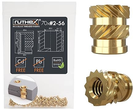 ruthex Gewindeeinsatz #2-56 UNC - 70 Stk. RX-2-56x4 BLEIFREIE Gewindebuchse aus Messing - stabile Einschmelzgewinde/Einpressmutter - Einschmelzen von Gewindehülse in 3D-Druck-Teile aus Kunststoff