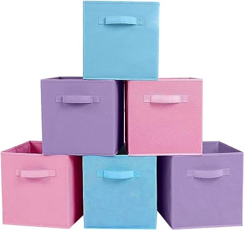 Kamorry Storage Bins, Set of 6 Storage Cubes with Handle,Foldable Fabric Storage Boxes, Fit Cube Storage Unit 26.5cmx26.5cmx28cm (6 Pack, Rainbow)