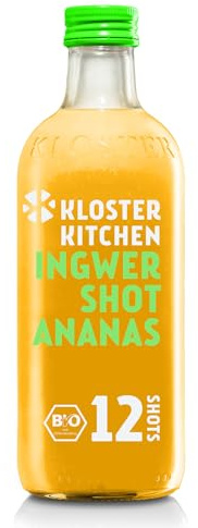 Kloster Kitchen Bio Ingwer Shot Ananas 12SHOTS 360 ml mit echten Ingwerstückchen I Ingwershot vegan I Glasflasche I süß-scharf ohne Zusatzstoffe & mit natürlicher Süße (inkl. 0,25€ EINWEG Pfand)