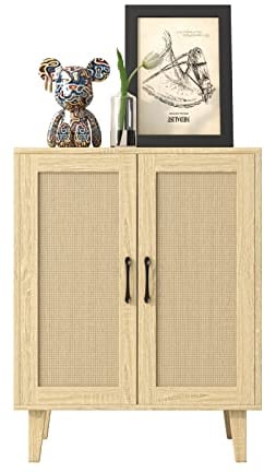 Panana Aufbewahrungsschrank, Rattan Sideboard Schrank mit 2 Rattan-Türen, Küche Akzentschrank mit Massivholzfüßen, Buffetschrank für Esszimmer, Flur, Eingang, Wohnzimmer (Braun)