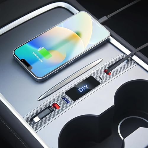 Mowlicas Neues OEM-Design für Tesla USB-Hub (Kohlefaser), mit einziehbaren Kabeln ist notwendig, Tesla Model Y 2024/2023/2022/2021 & Modell 3 2023/2022/2021 Zubehör, Geschenke für Tesla-Besitzer