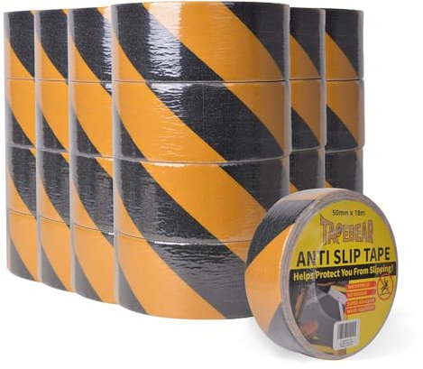 TAPEBEAR Ruban Adhésif Antidérapant, Ruban De Sécurité Antidérapant, Bande D'marquage, Haute Traction, Noir/Jaune, Pour Les Escalier, Les Marches, Intérieure Et Extérieure, 50mmx18m, 24 Rouleaux