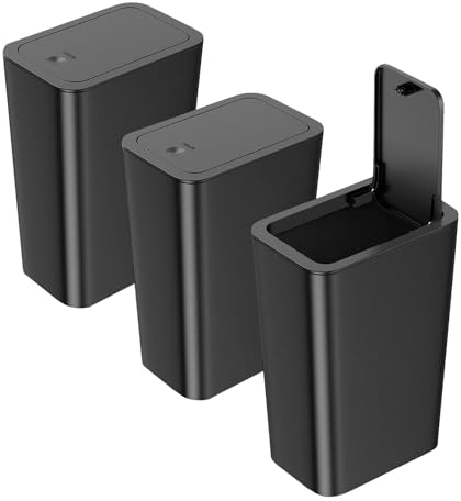 3Pack Black Plastic Bin with Lid - 9L Push Button Toilet Bin for Kitchen, Bathroom, Bedroom, Office & Living Room - Dog Proof