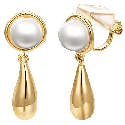 Airokiy Gold Clip Ohrringe Hängend, Damen Perlen Ohrclips Ohne Ohrlöcher, Leichte Hohle Tropfen Klipp Ohrringe, Hypoallergene Modeschmuck für Frauen und Mädchen