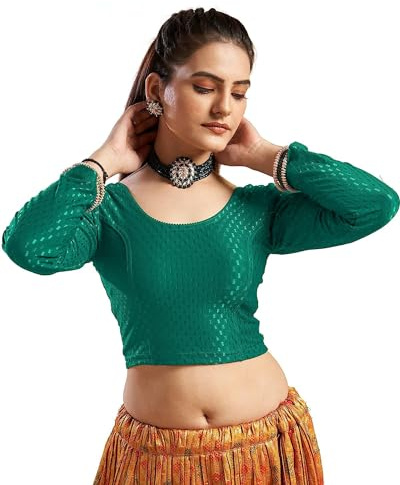 themilestocks Women's Blouses Readymade Gold Stretchable Saree Crop Top Choli Free Size Long Sleeve