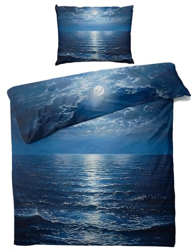 MOBEITI Meer Bettwäsche 135x200, Mond Ozean Wendebettwäsche, Weiche Kuschelige Mikrofaser Bettbezug Set 2teilig, 1 Kissenbezug 80x80, mit Reißverschluss -MO&166