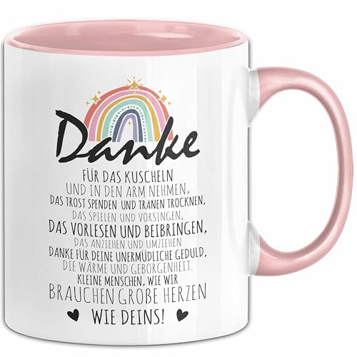 Erzieherin Abschiedsgeschenk Tasse Abschied Kindergarten Geschenkidee Kaffee-Becher Spruch Danke Für Das Kuscheln (Rosa)