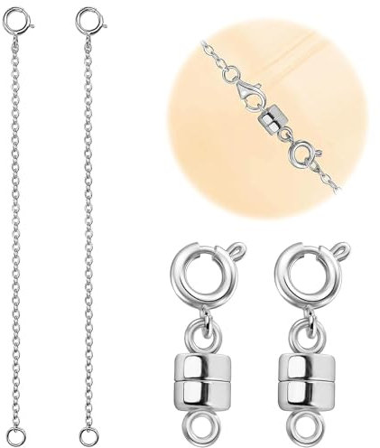 4 Stück Magnetverschlüsse und Kettenverlängerer, 925 Sterling Silber Magnetverschlüsse, passend für die meisten Schmuckverschlüsse, passend für Halsketten, Armbänder und Fußkettchen