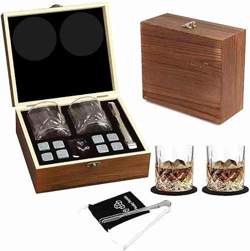 Whisky Glasses Set with 8 Whiskey Stones, 2 Glasses, 2 Coasters, and Pliers - Ice Cubes Reusable - Whiskey Gift Set for Men