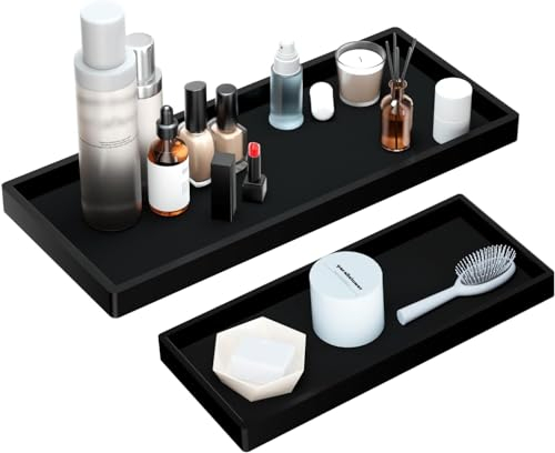 parallelower 2 Stück Badezimmer Tablett Schwarz Deko Tablett Silikon Schmucktablett Rechteckig Rutschfestes Serviertablett für Waschtisch Badewanne Küchen und Toilette(2 Größen)