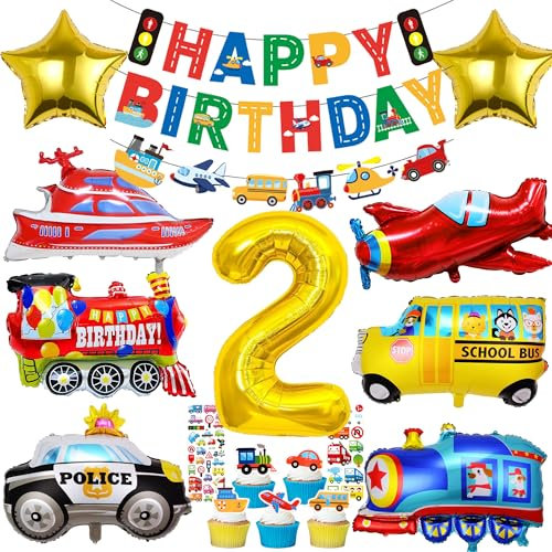 Auto Deko 2. Geburtstag Junge - Two Fast Geburtstagsdeko, Boot Flugzeug Zug Schulbus Polizeiauto Verkehr Luftballon, Transport Car Tortendeko, Aufkleber und Happy Birthday Banner Set Kindergeburtstag