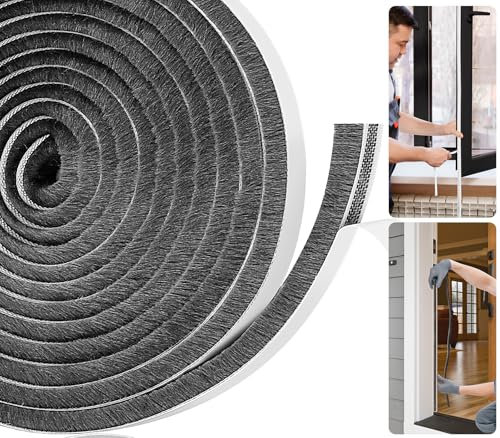 Joaercs Brush Door Draft Excluder Tape, Draught Excluder for Windows, 5Meters(L) x 9mm(W) x 9mm(T) Self-Adhesive Seal Strip, Stop Draft for Doors, Window, Wardrobe, Grey
