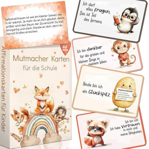 Affirmationskarten für Kinder Schule 26 Mutmachkarten Motivationskarten | 6x9cm Selbstbewusstsein Stärken Kleine Gefühlskarten mit Affirmationen Achtsamkeit Karten Geschenk für Mäppchen Brotdose