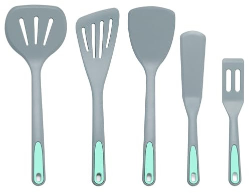To encounter 5 Pieces Silicone Spatula Set, Non-Stick Silicone Turner Spatulas, Heat Resistance Cooking Utensils, Flip Turner for Fish, Egg, Pancake,Dishwasher Safe, Light Grey