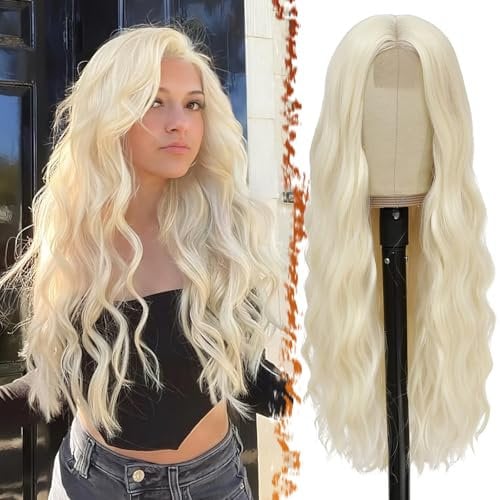 BARSDAR Lange Wellig Platin Blond Perücke - 66cm Mittelscheitel Natürliche Synthetische Hitzebeständige Haar Replacement für Frauen