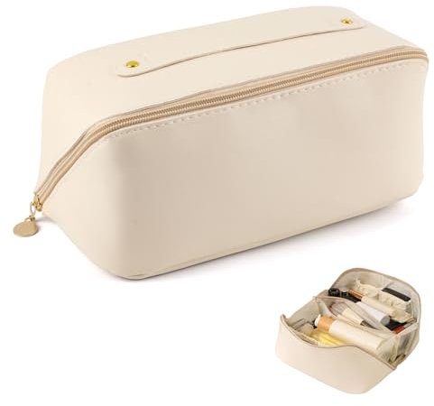 AYNKH Kosmetiktasche Mit Großem Fassungsvermögen,wasserdichte PU-Leder-Kosmetiktasche,Flache,Mehrschichtige Kosmetiktasche, Aufbewahrungs-Waschtasche,Leichte Reise-Kosmetiktasche (Beige)