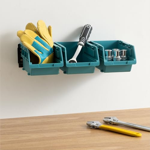Navaris Contenitori Impilabili e Pannello Porta Attrezzi da Parete - Set di 3 Organizer Portautensili Minuteria e 1 Binario - Porta Utensili Modulari per Parete Attrezzata Officina Garage