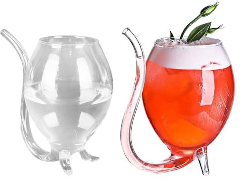 JOYWU Straw Red Wine Glasses,2 Pcs 300ml Stemmed Creative Glass Cup with a Bulit in Straw and Feet,Funny Cocktail Glasses,Cute Tumbler Cups,Vintage Drinking Glasses,Champagne Whiskey Cup (300ML)