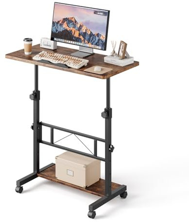 Dripex 80x40cm Stehpult, Schreibtisch höhenverstellbar 65-98cm, Mobiler Computertisch mit Rollen und mit neigbar Tischplatte, Überbett-Tisch, Steh-Sitztisch für Zuhause und Büro, Vintage Braun