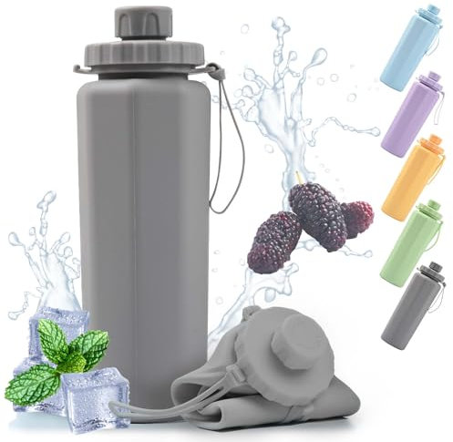 Botella Agua Plegable, Shilin 600ml Botella Plegable Silicona, Aprueba Fugas y PortáTil, Libre de Bisfenol a, Botella Running, Adecuada para Camping, Desplazamientos, Botella Plegable Viaje (Gris)