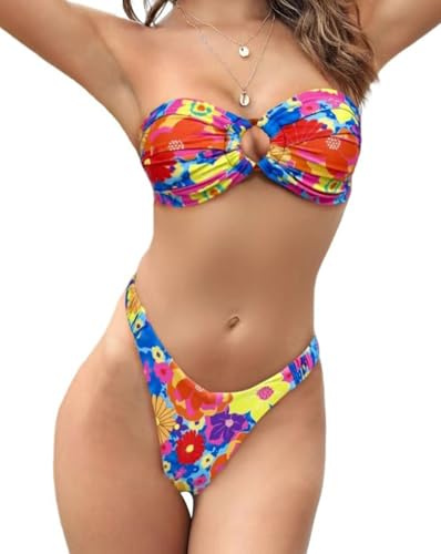 Minetom Maillots de Bain 2 Pièces Femme Été Push Up Bandeau Ensembles Bikini Set Plage Swimsuit Swimwear Beachwear C Bleu S