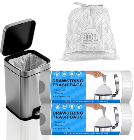 Bin Bags White 10L Bin Lines Drawstring Small Bin Bags Bathroom Trash Bags Extra Strong Garbage Bags, 60 Waste Bin Liners