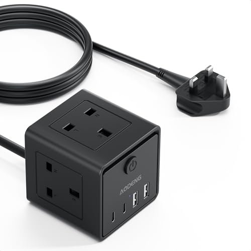 3M Extension Lead with 4 USB, 3 Way (13A/3000W) Multi Plug Extension Socket with 2 USB A 2 USB C, Desktop Power Extension Cable for Home Office Travel