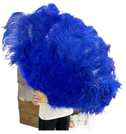 MTKSFDC Feder TanzfäCher 90 cm farbige Federfächer, 13 Knochen, Handfaltfächer for Karneval, Hochzeit, Party, Bühnentanz, Requisiten, Dekor, Pluma Craft(Deep Blue01,Left Fan 1PCS)