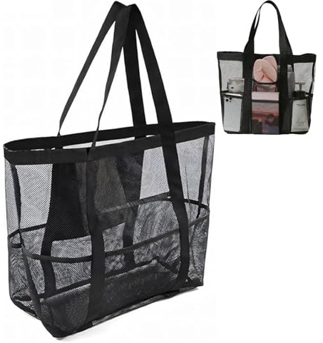 YCHYAN Netz Strandtasche aus Nylon, Mesh Strandtasche mit Tasche für Familien, Große Kapazität Strand Tragetasche, mit 8 Netztaschen, Ideal für Strandspielzeug und Strandurlaubsutensilien