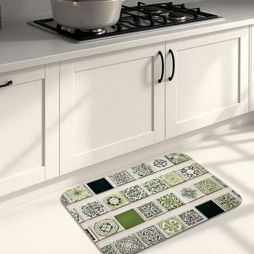 Green Mosaic Kitchen Mats for Floor, Vintage Tile Patterned Cushioned Comfort Non Slip Rugs for Kitchen Sinks Laundryroom Bathroom 20x31 Inch