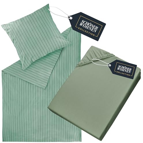 Schöner Wohnen Kollektion Set di biancheria da letto in flanella 135x200 cotone verde + Lenzuolo con angoli 90x200cm - Set di biancheria da letto - Set caldo e accogliente - Copripiumino + Federa per