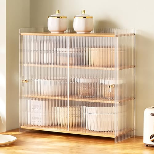 SanBouSi Petit buffet de cuisine à 4 étages en bambou pour plan de travail, buffet, armoire de cuisine avec portes coulissantes pour pots à épices, ustensiles de cuisine, tasses, accessoires