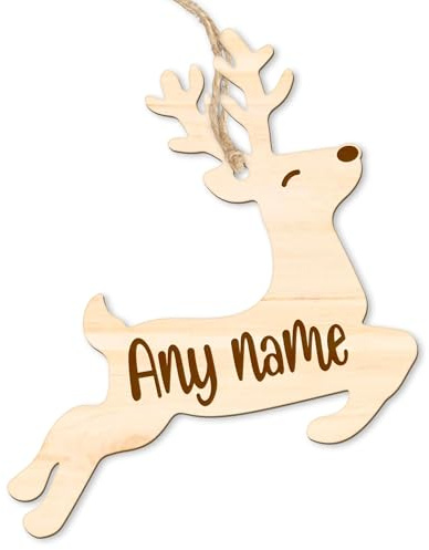 Personalised Wooden Jumping Reindeer Christmas Tree Decoration – Custom Engraved Name Birchwood Ornament – Rustic Bauble Gift Keepsake
