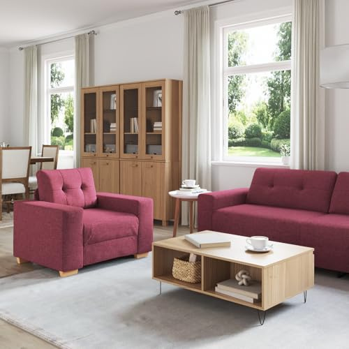 HETFTJN 3er Sofa Set Weinrot Stoff Modernes Design Sitzer inkl Sessel 2er & 3er Couch mit Breiten Armlehnen 221x78x80 cm Robust & Bequem für Wohnzimmer Schlafzimmer Esszimmer