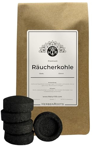 Premium Räucherkohle selbstzündend 33 mm • 10 Stück • Schnellglühende Kohletabletten für Weihrauch, Räuchermischungen & Ritualräucherung • HerbsnRoots